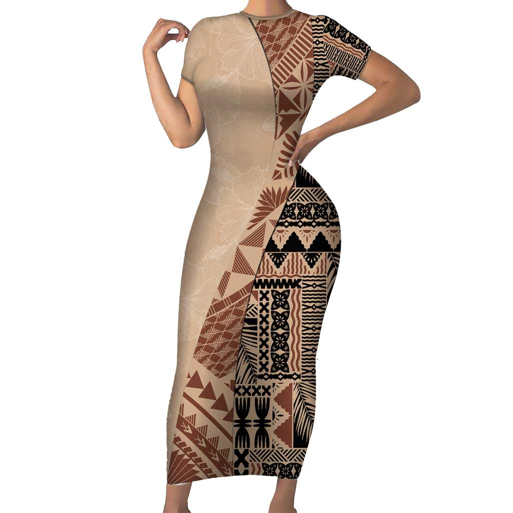 Bula Fiji Short Sleeve Bodycon Dress Tribal Masi Tapa - Beige LT7