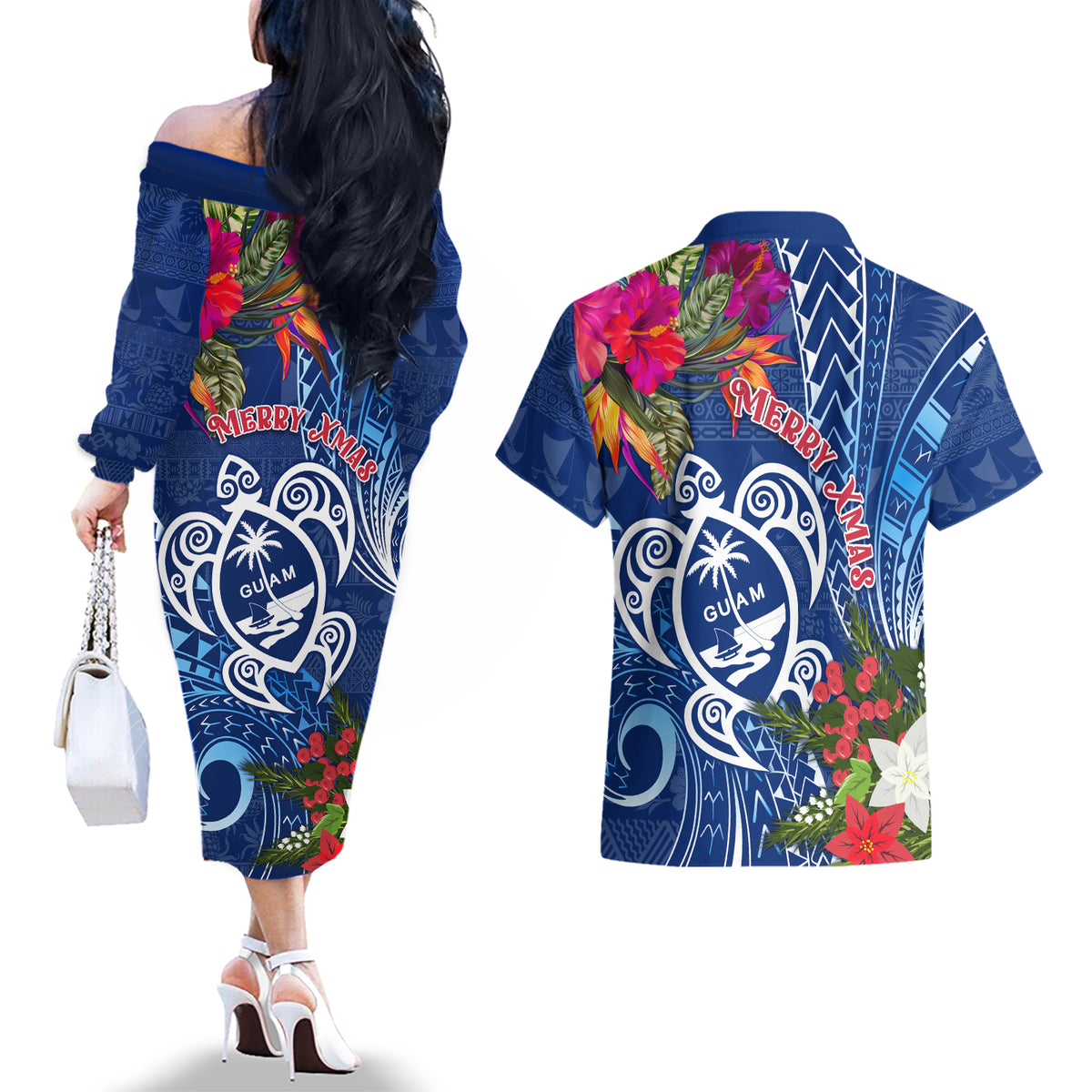 Guam Christmas Couples Matching Off The Shoulder Long Sleeve Dress and Hawaiian Shirt Turtle Mix Tapa Felis Pasgua LT7 - Polynesian Pride
