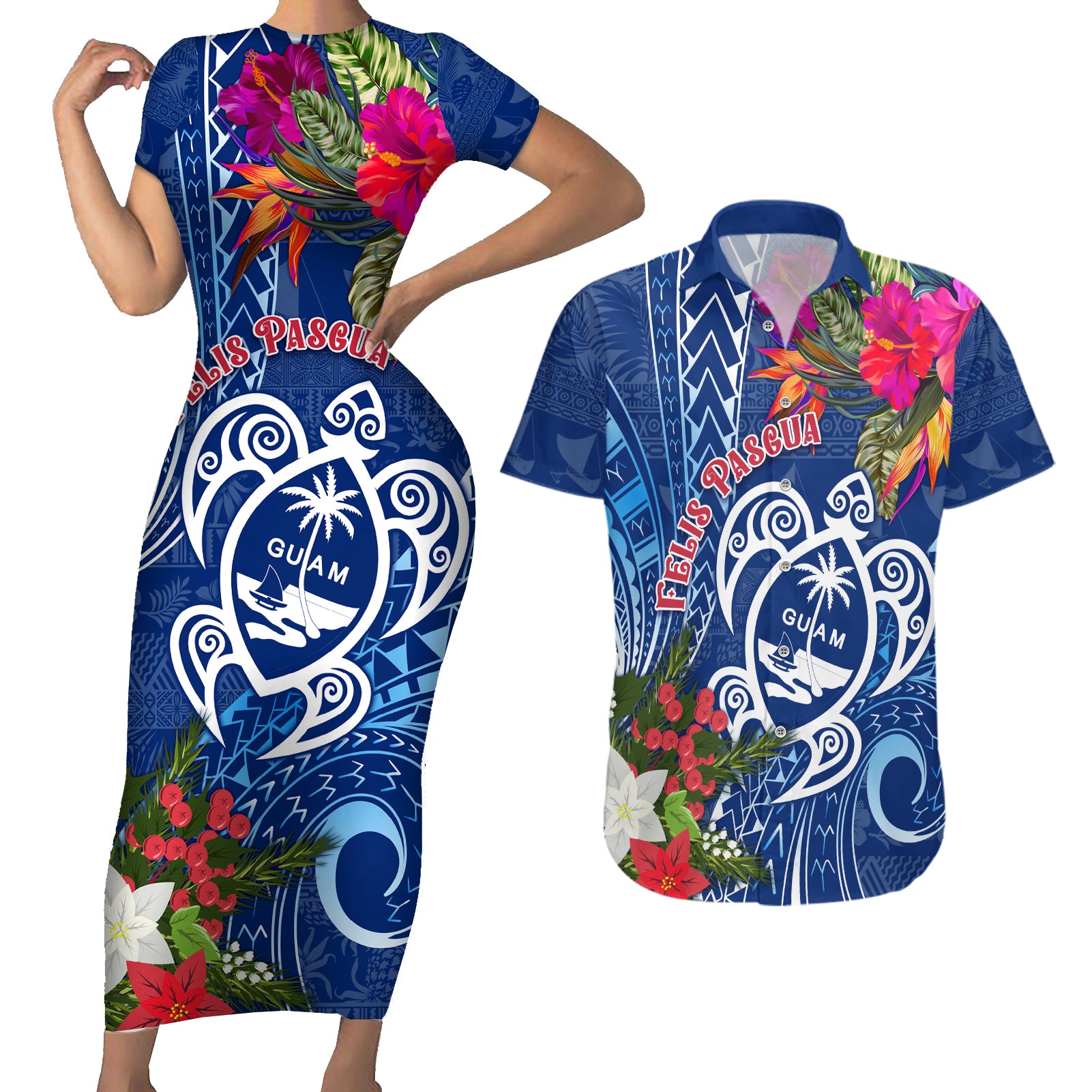 Guam Christmas Couples Matching Short Sleeve Bodycon Dress and Hawaiian Shirt Turtle Mix Tapa Felis Pasgua LT7 Blue - Polynesian Pride