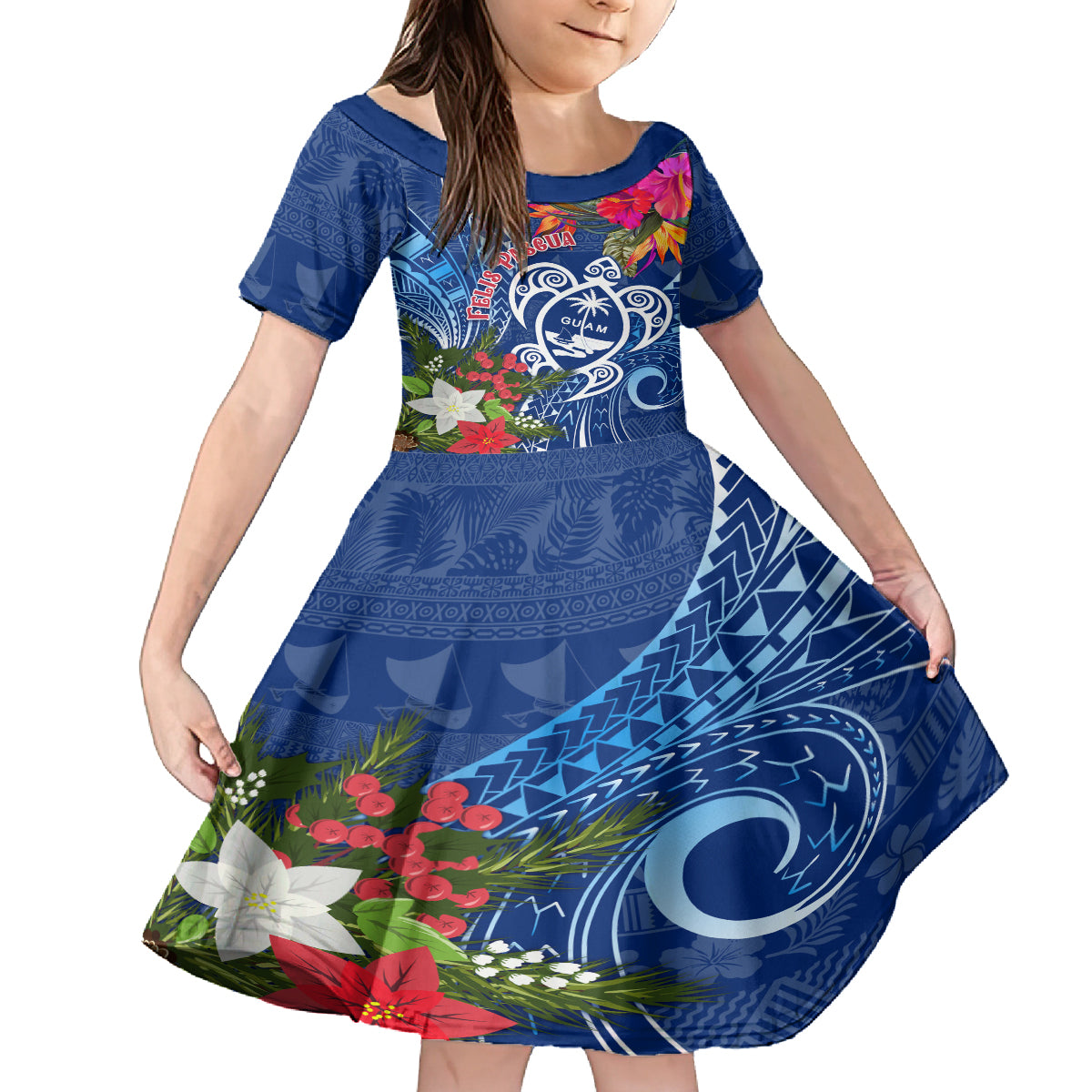 Guam Christmas Family Matching Off Shoulder Long Sleeve Dress and Hawaiian Shirt Turtle Mix Tapa Felis Pasgua LT7 Daughter's Dress Blue - Polynesian Pride