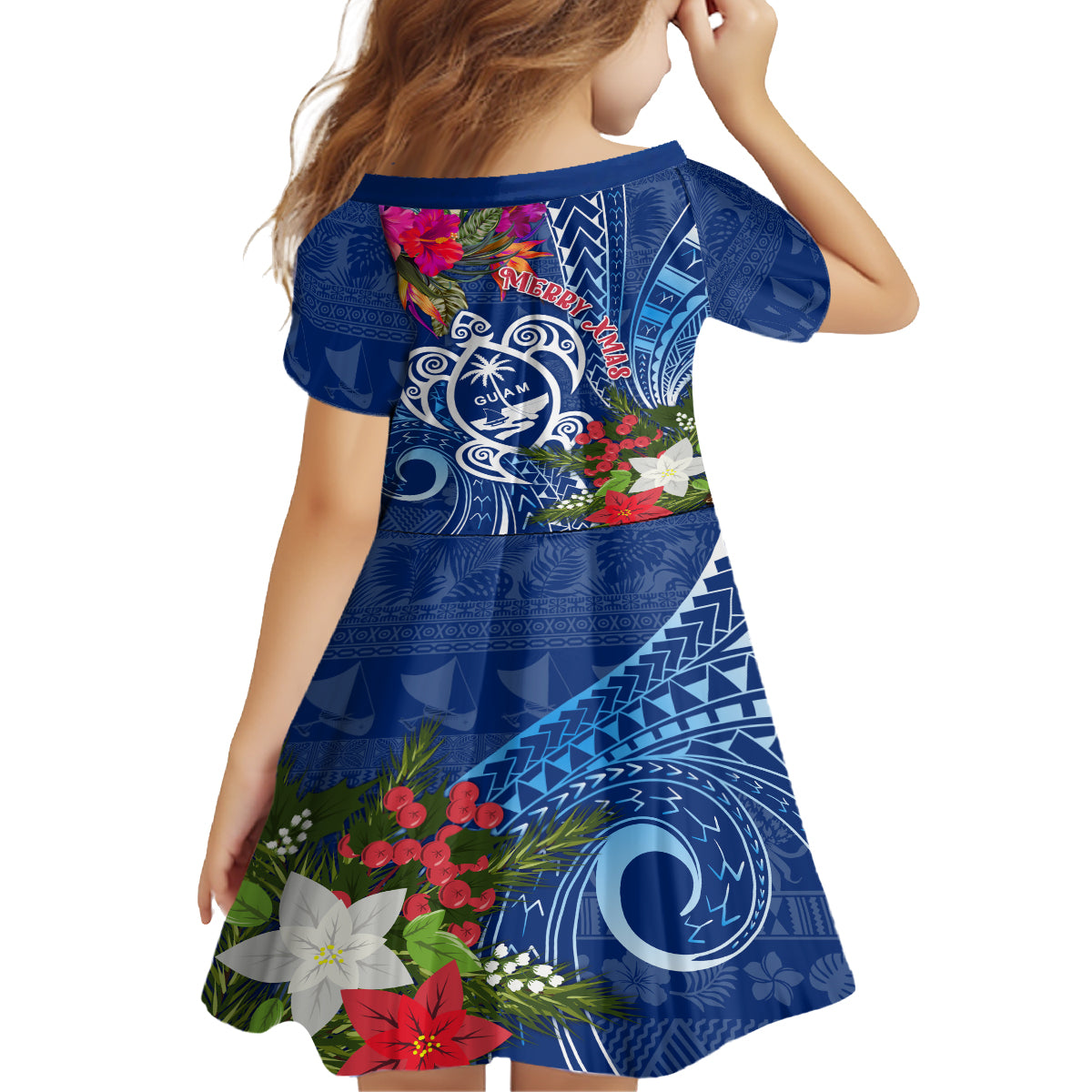 Guam Christmas Family Matching Off Shoulder Long Sleeve Dress and Hawaiian Shirt Turtle Mix Tapa Felis Pasgua LT7 - Polynesian Pride