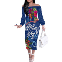 Guam Christmas Family Matching Off Shoulder Long Sleeve Dress and Hawaiian Shirt Turtle Mix Tapa Felis Pasgua LT7 Mom's Dress Blue - Polynesian Pride
