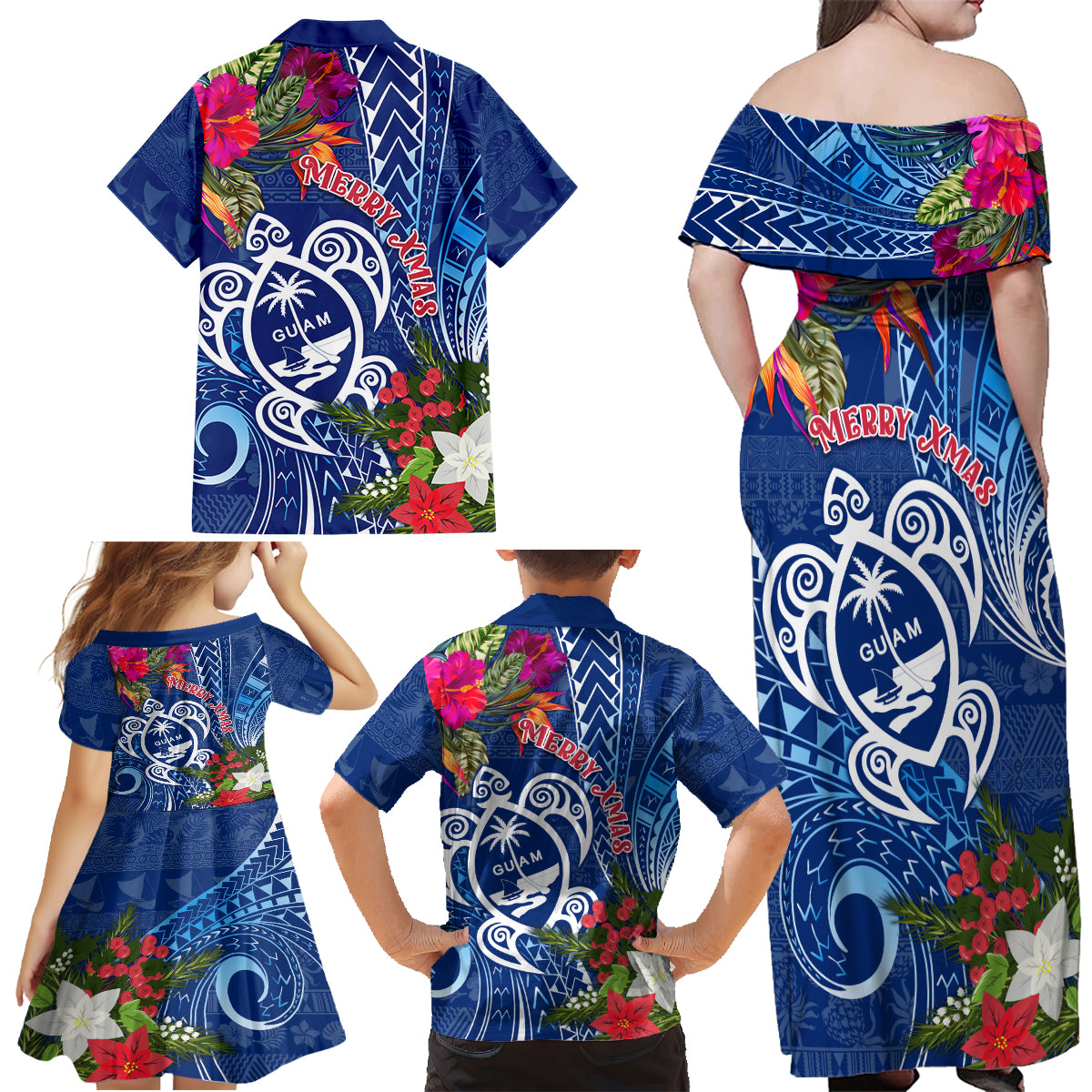 Guam Christmas Family Matching Off Shoulder Maxi Dress and Hawaiian Shirt Turtle Mix Tapa Felis Pasgua LT7 - Polynesian Pride