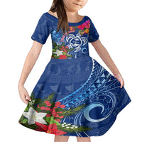 Guam Christmas Family Matching Short Sleeve Bodycon Dress and Hawaiian Shirt Turtle Mix Tapa Felis Pasgua LT7 Daughter's Dress Blue - Polynesian Pride