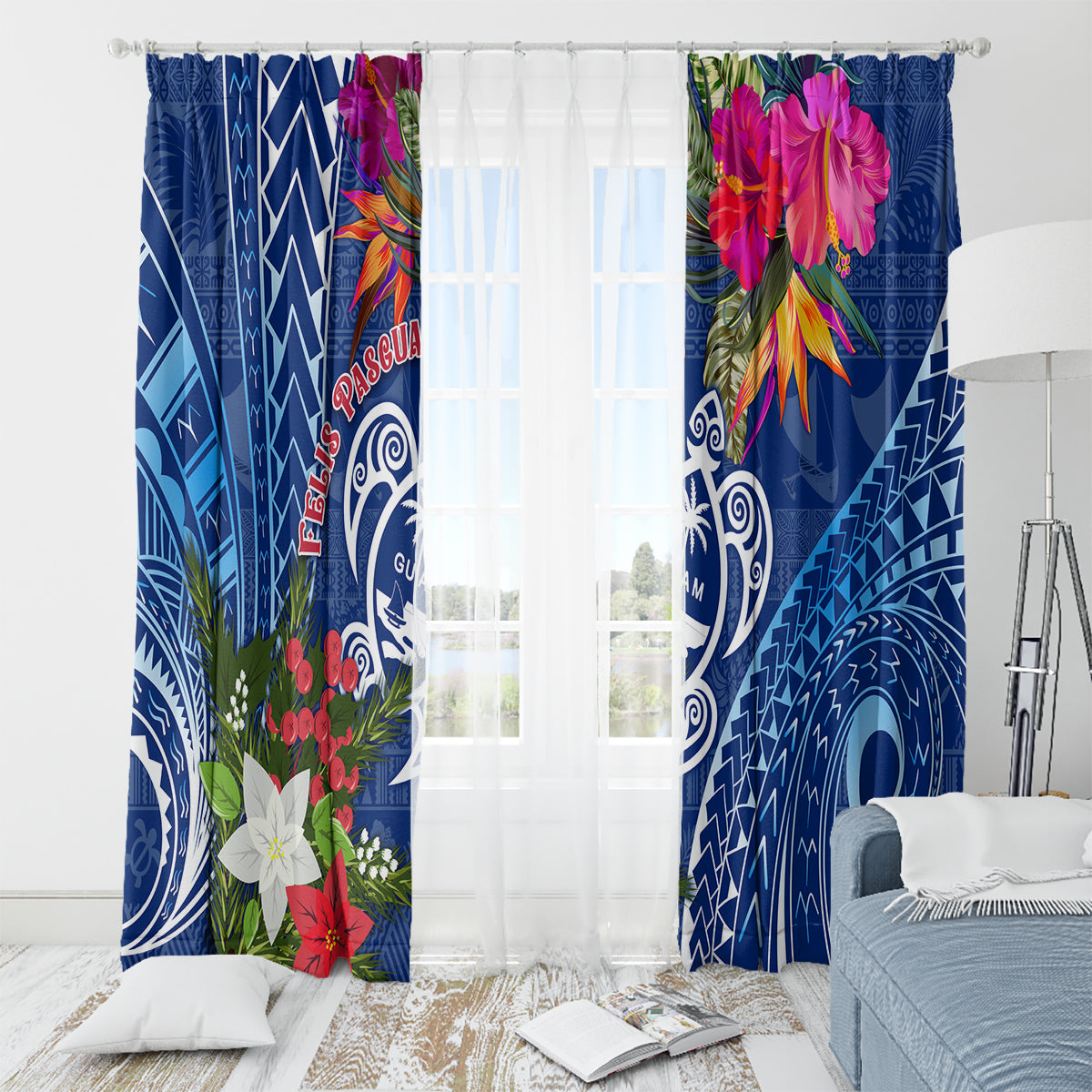 Guam Christmas Window Curtain Turtle Mix Tapa Felis Pasgua LT7 - Polynesian Pride