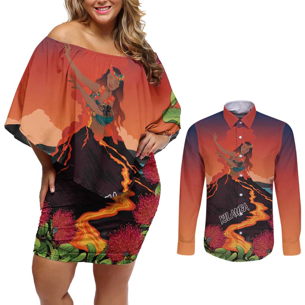 Hawaii Kilauea Volcano Couples Matching Off Shoulder Short Dress and Long Sleeve Button Shirt Pele Goddess