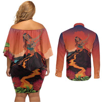 Hawaii Kilauea Volcano Couples Matching Off Shoulder Short Dress and Long Sleeve Button Shirt Pele Goddess