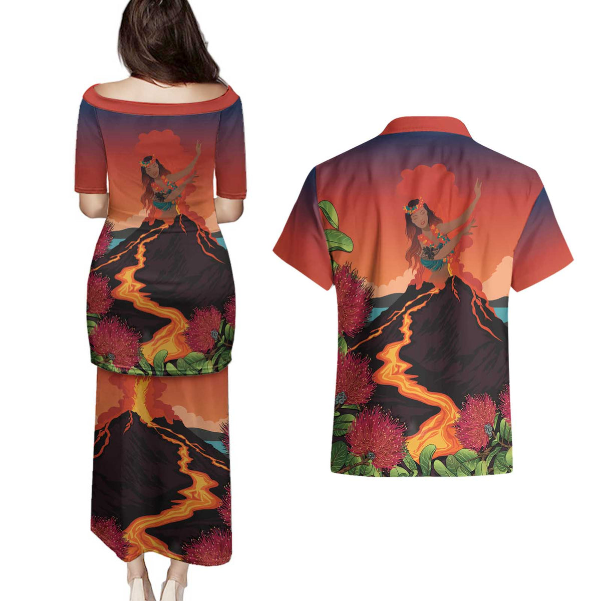 Hawaii Kilauea Volcano Couples Matching Puletasi and Hawaiian Shirt Pele Goddess