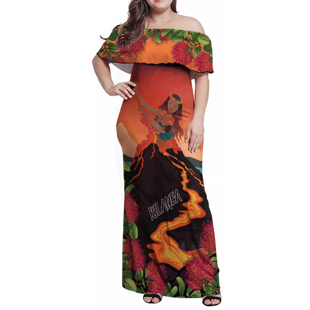 Hawaii Kilauea Volcano Family Matching Off Shoulder Maxi Dress and Hawaiian Shirt Pele Goddess