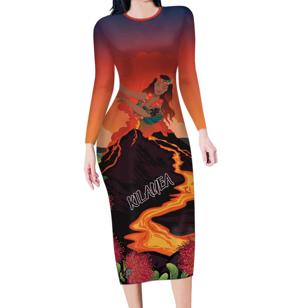 Hawaii Kilauea Volcano Long Sleeve Bodycon Dress Pele Goddess