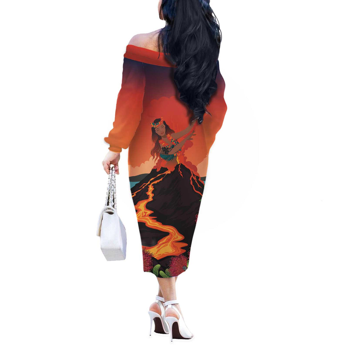 Hawaii Kilauea Volcano Off The Shoulder Long Sleeve Dress Pele Goddess LT7 - Polynesian Pride