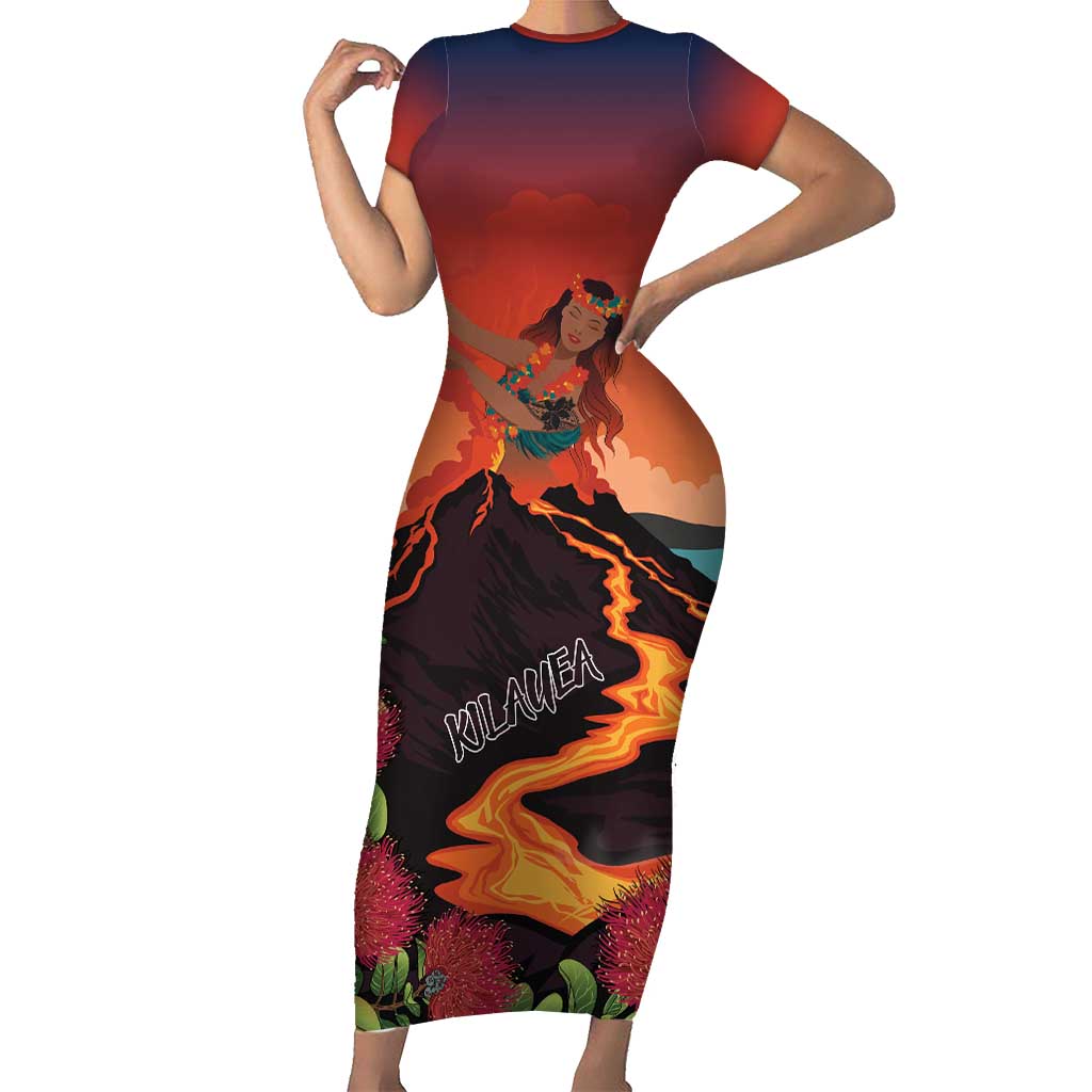 Hawaii Kilauea Volcano Short Sleeve Bodycon Dress Pele Goddess