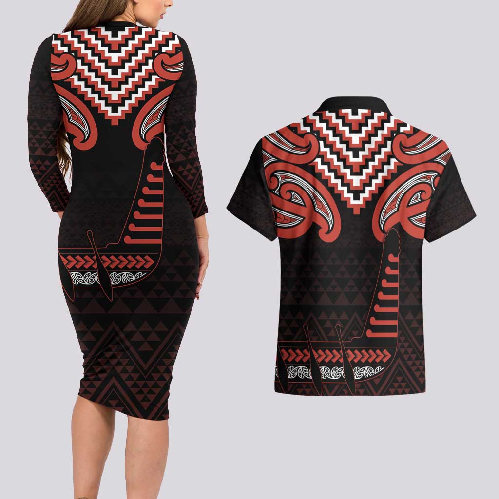 Maori Waitangi Couples Matching Long Sleeve Bodycon Dress and Hawaiian Shirt Kotahitanga Poutama Mix Whakairo LT7 - Polynesian Pride