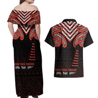 Maori Waitangi Couples Matching Off Shoulder Maxi Dress and Hawaiian Shirt Kotahitanga Poutama Mix Whakairo LT7 - Polynesian Pride