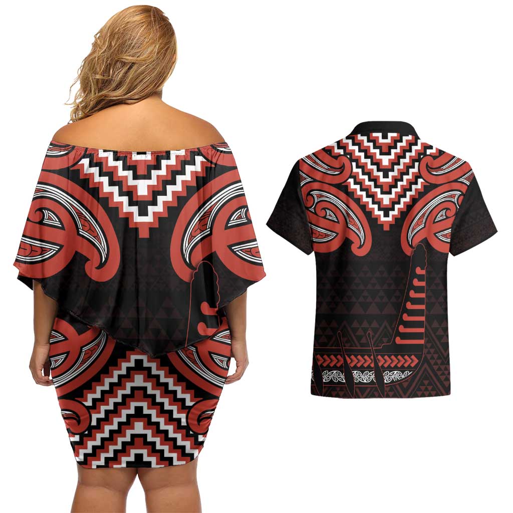 Maori Waitangi Couples Matching Off Shoulder Short Dress and Hawaiian Shirt Kotahitanga Poutama Mix Whakairo LT7 - Polynesian Pride