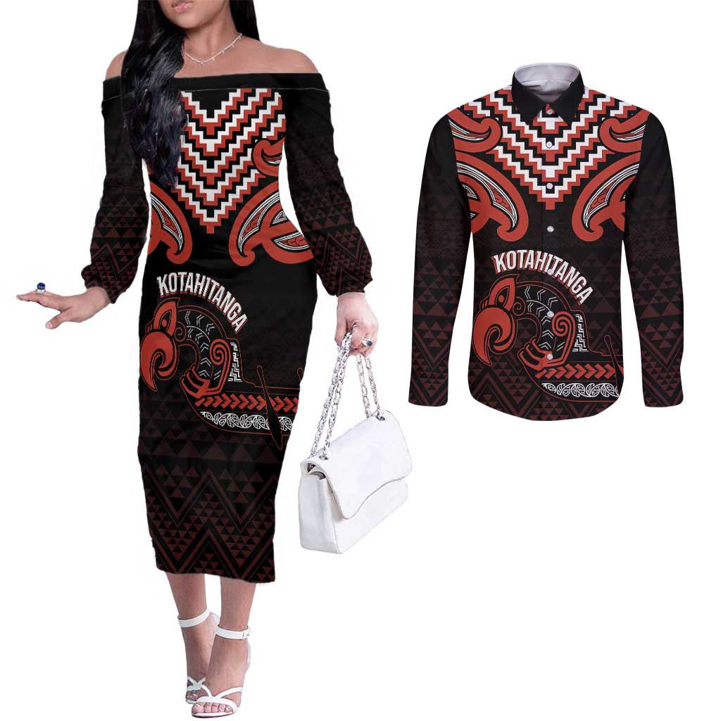 Maori Waitangi Couples Matching Off The Shoulder Long Sleeve Dress and Long Sleeve Button Shirt Kotahitanga Poutama Mix Whakairo LT7 Black - Polynesian Pride