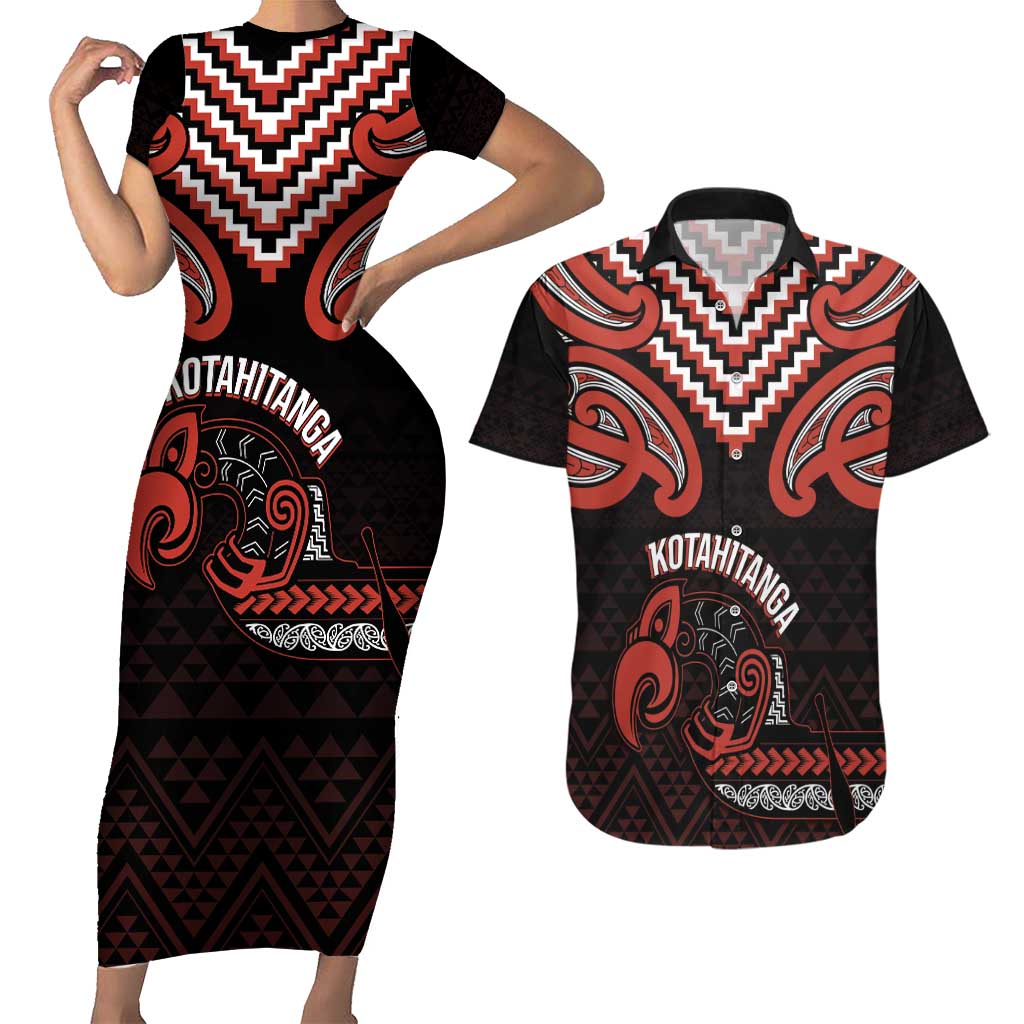 Maori Waitangi Couples Matching Short Sleeve Bodycon Dress and Hawaiian Shirt Kotahitanga Poutama Mix Whakairo LT7 Black - Polynesian Pride
