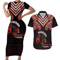 Maori Waitangi Couples Matching Short Sleeve Bodycon Dress and Hawaiian Shirt Kotahitanga Poutama Mix Whakairo LT7 Black - Polynesian Pride