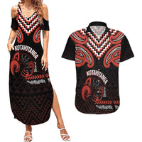 Maori Waitangi Couples Matching Summer Maxi Dress and Hawaiian Shirt Kotahitanga Poutama Mix Whakairo LT7 Black - Polynesian Pride