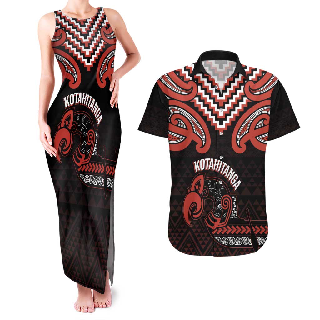 Maori Waitangi Couples Matching Tank Maxi Dress and Hawaiian Shirt Kotahitanga Poutama Mix Whakairo LT7 Black - Polynesian Pride