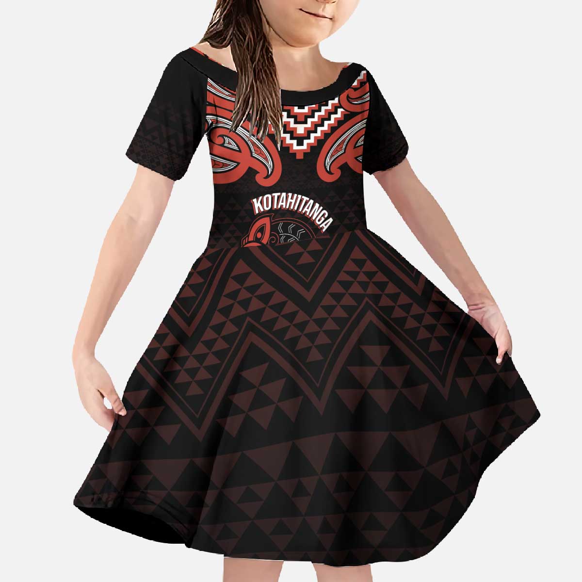 Maori Waitangi Family Matching Off The Shoulder Long Sleeve Dress and Hawaiian Shirt Kotahitanga Poutama Mix Whakairo LT7 Daughter's Dress Black - Polynesian Pride