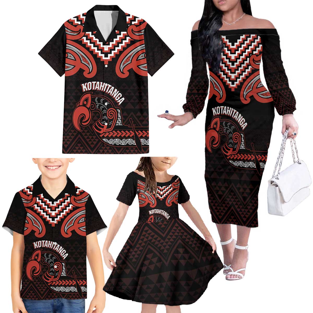 Maori Waitangi Family Matching Off The Shoulder Long Sleeve Dress and Hawaiian Shirt Kotahitanga Poutama Mix Whakairo LT7 - Polynesian Pride
