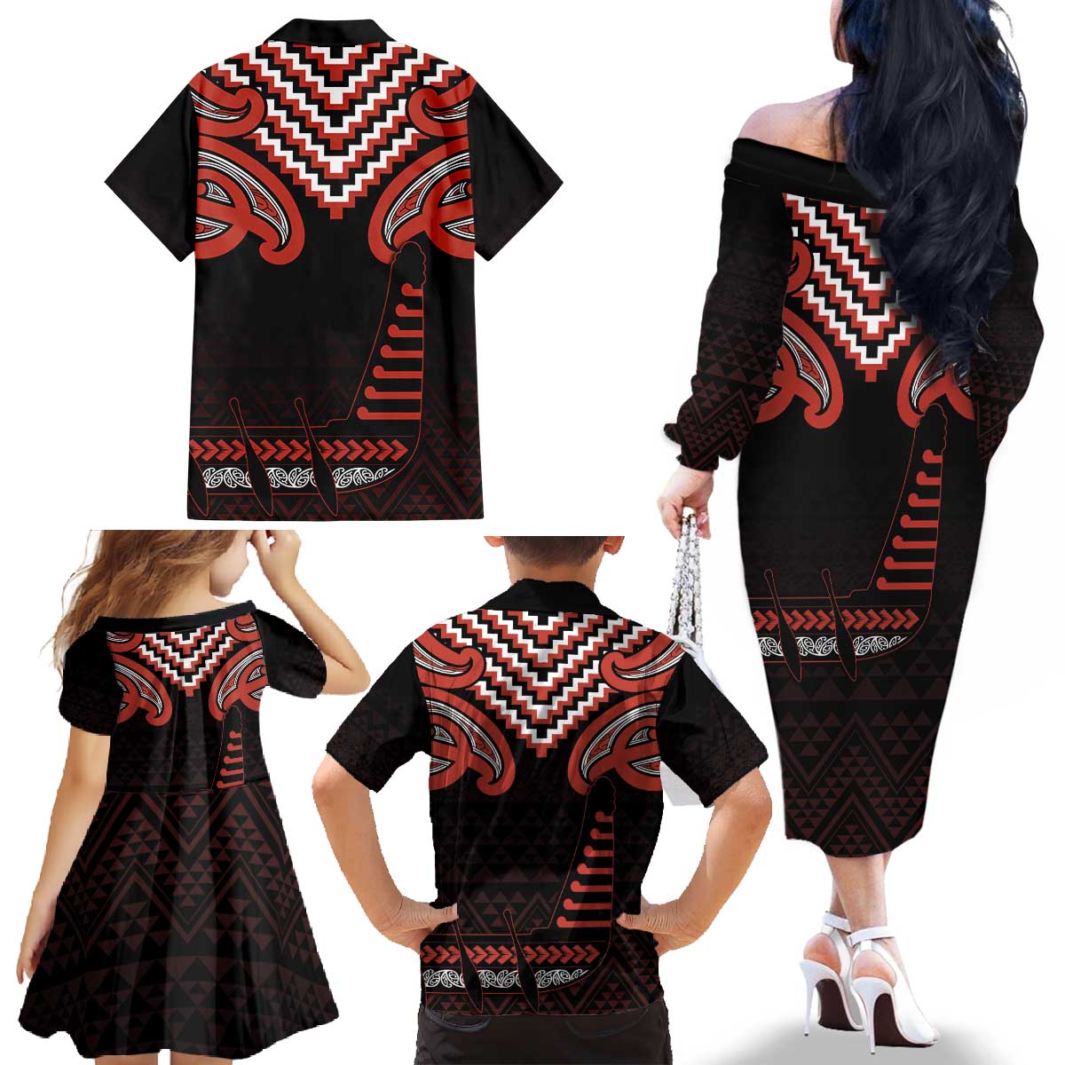 Maori Waitangi Family Matching Off The Shoulder Long Sleeve Dress and Hawaiian Shirt Kotahitanga Poutama Mix Whakairo LT7 - Polynesian Pride