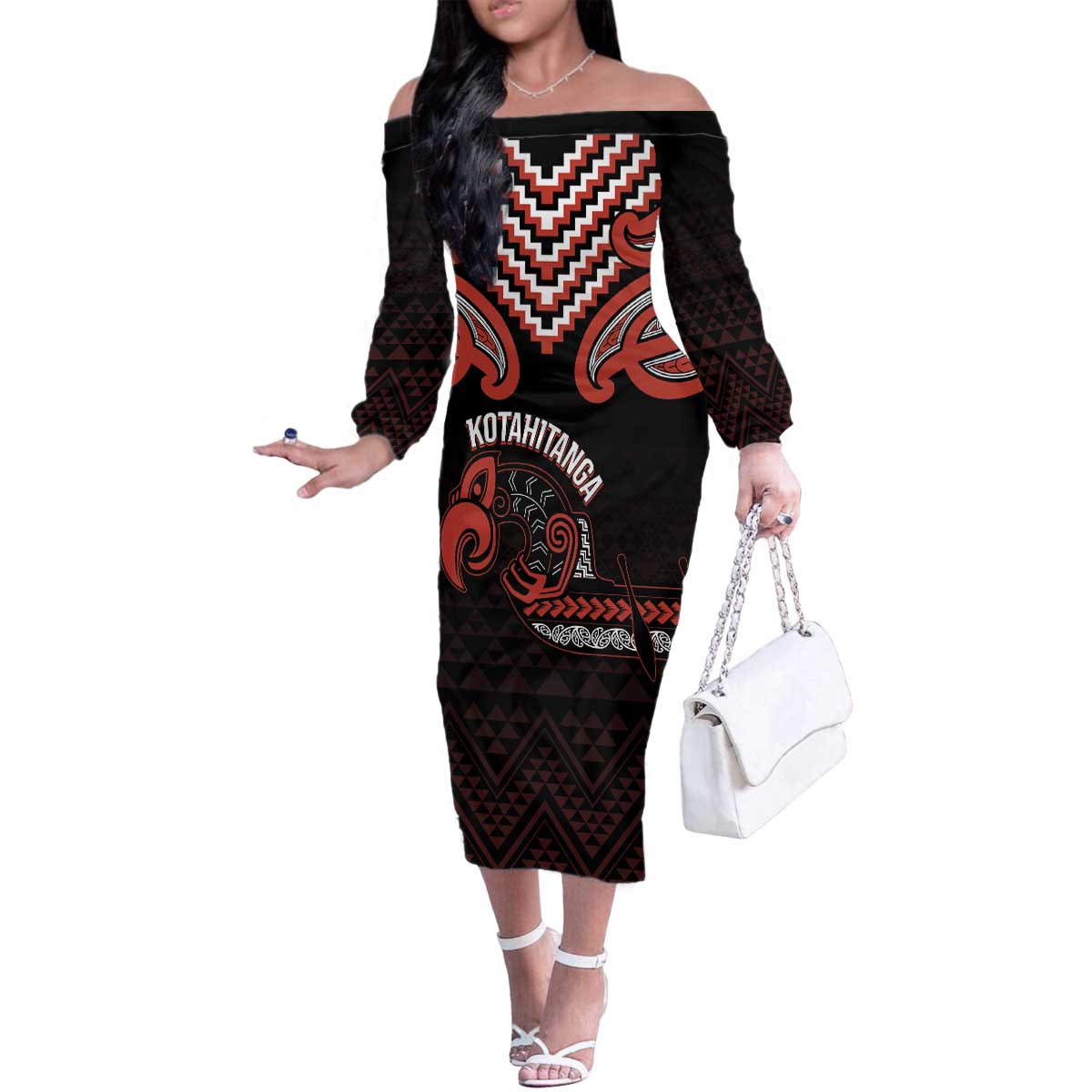 Maori Waitangi Family Matching Off The Shoulder Long Sleeve Dress and Hawaiian Shirt Kotahitanga Poutama Mix Whakairo LT7 Mom's Dress Black - Polynesian Pride