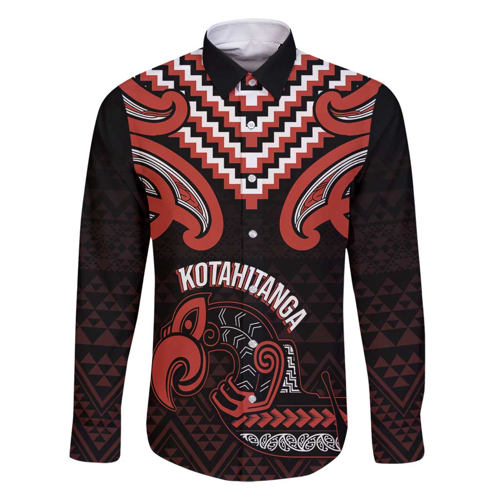 Maori Waitangi Family Matching Off Shoulder Maxi Dress and Hawaiian Shirt Kotahitanga Poutama Mix Whakairo LT7 Dad's Shirt - Long Sleeve Black - Polynesian Pride