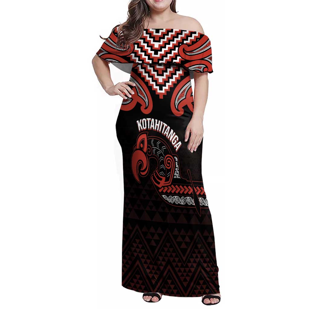 Maori Waitangi Family Matching Off Shoulder Maxi Dress and Hawaiian Shirt Kotahitanga Poutama Mix Whakairo LT7 Mom's Dress Black - Polynesian Pride