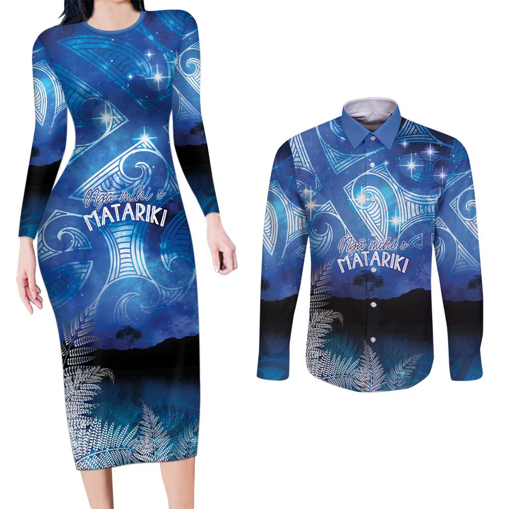 NZ Maori Matariki Scenery Couples Matching Long Sleeve Bodycon Dress and Long Sleeve Button Shirt Galaxy Sky