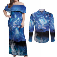NZ Maori Matariki Scenery Couples Matching Off Shoulder Maxi Dress and Long Sleeve Button Shirt Galaxy Sky