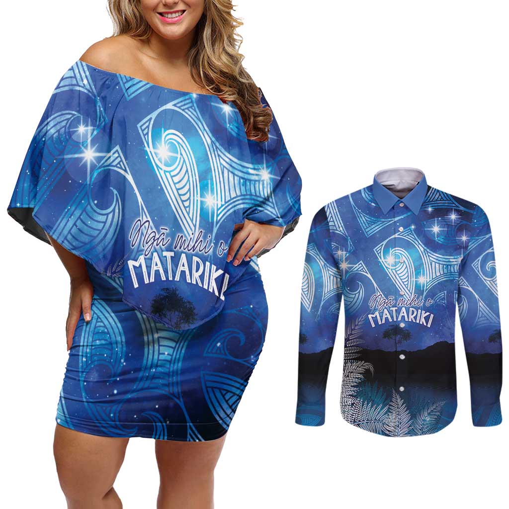 NZ Maori Matariki Scenery Couples Matching Off Shoulder Short Dress and Long Sleeve Button Shirt Galaxy Sky