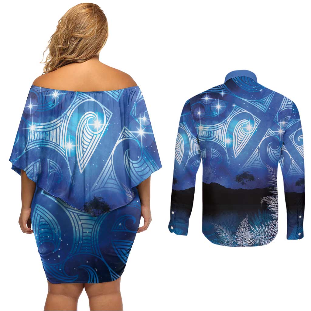NZ Maori Matariki Scenery Couples Matching Off Shoulder Short Dress and Long Sleeve Button Shirt Galaxy Sky