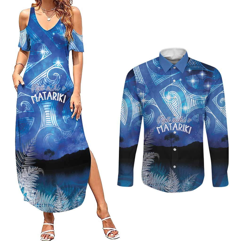 NZ Maori Matariki Scenery Couples Matching Summer Maxi Dress and Long Sleeve Button Shirt Galaxy Sky