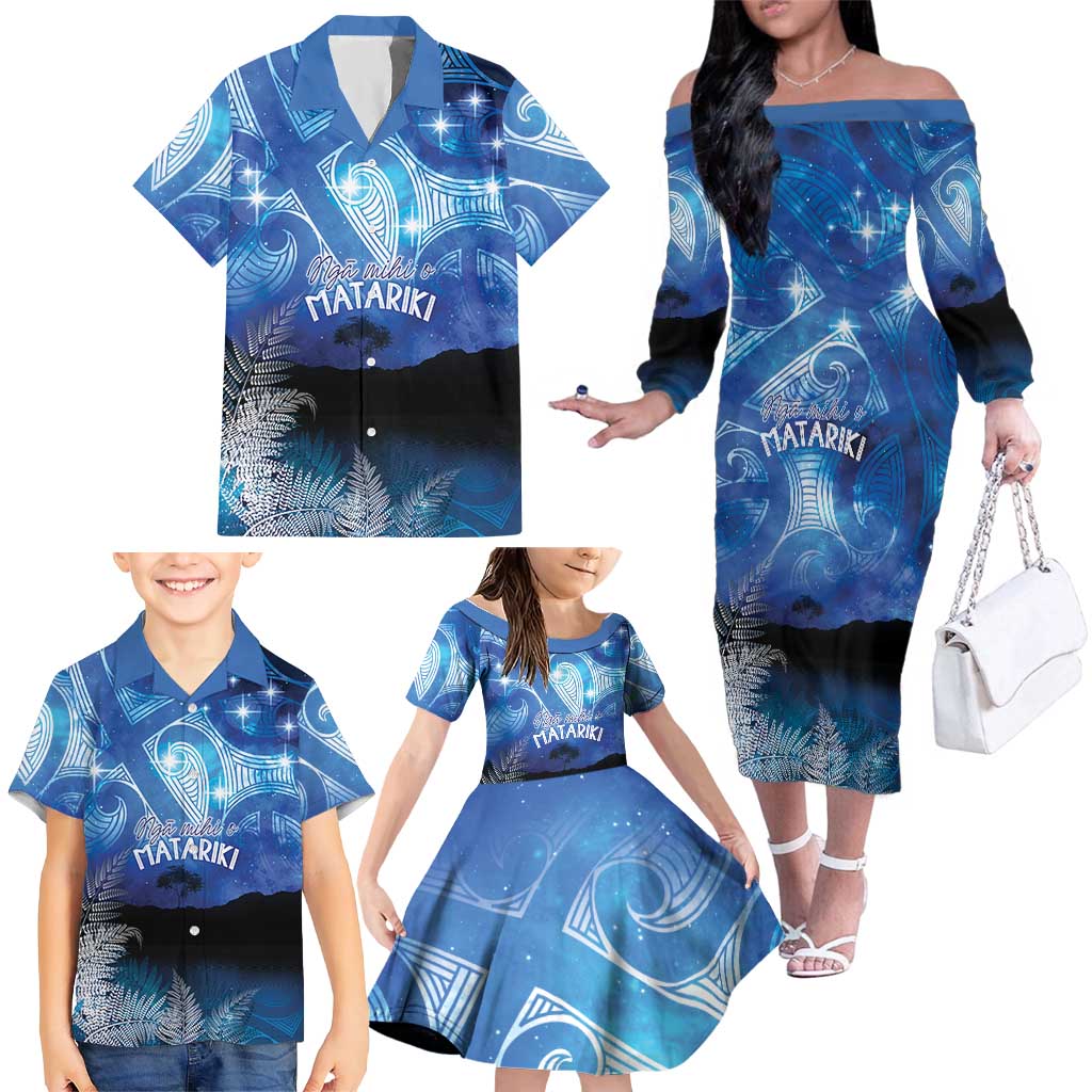 NZ Maori Matariki Scenery Family Matching Off The Shoulder Long Sleeve Dress and Hawaiian Shirt Galaxy Sky LT7 - Polynesian Pride