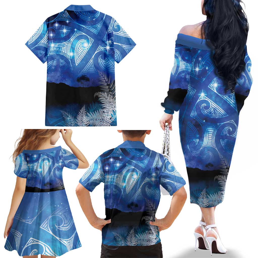 NZ Maori Matariki Scenery Family Matching Off The Shoulder Long Sleeve Dress and Hawaiian Shirt Galaxy Sky LT7 - Polynesian Pride