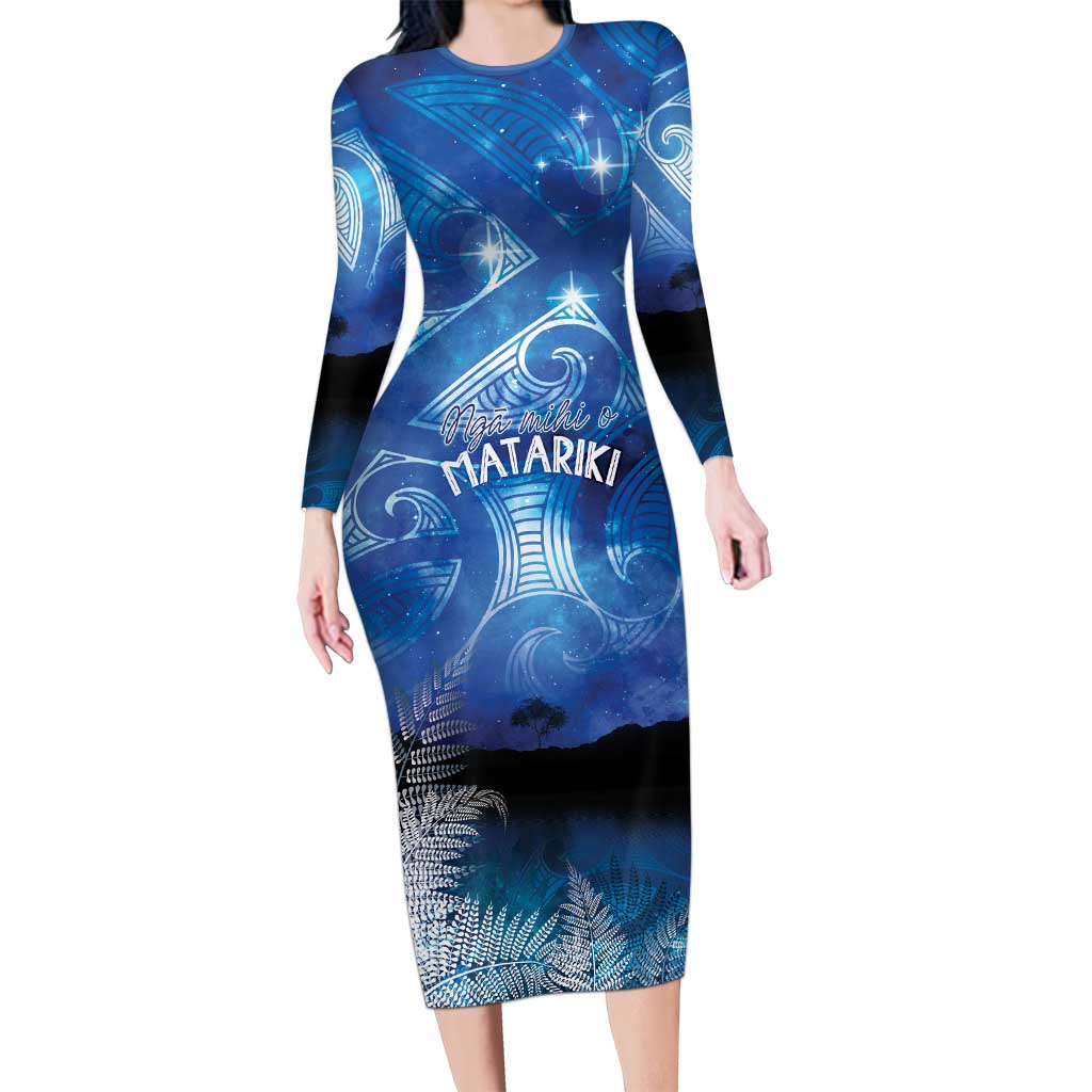 NZ Maori Matariki Scenery Long Sleeve Bodycon Dress Galaxy Sky