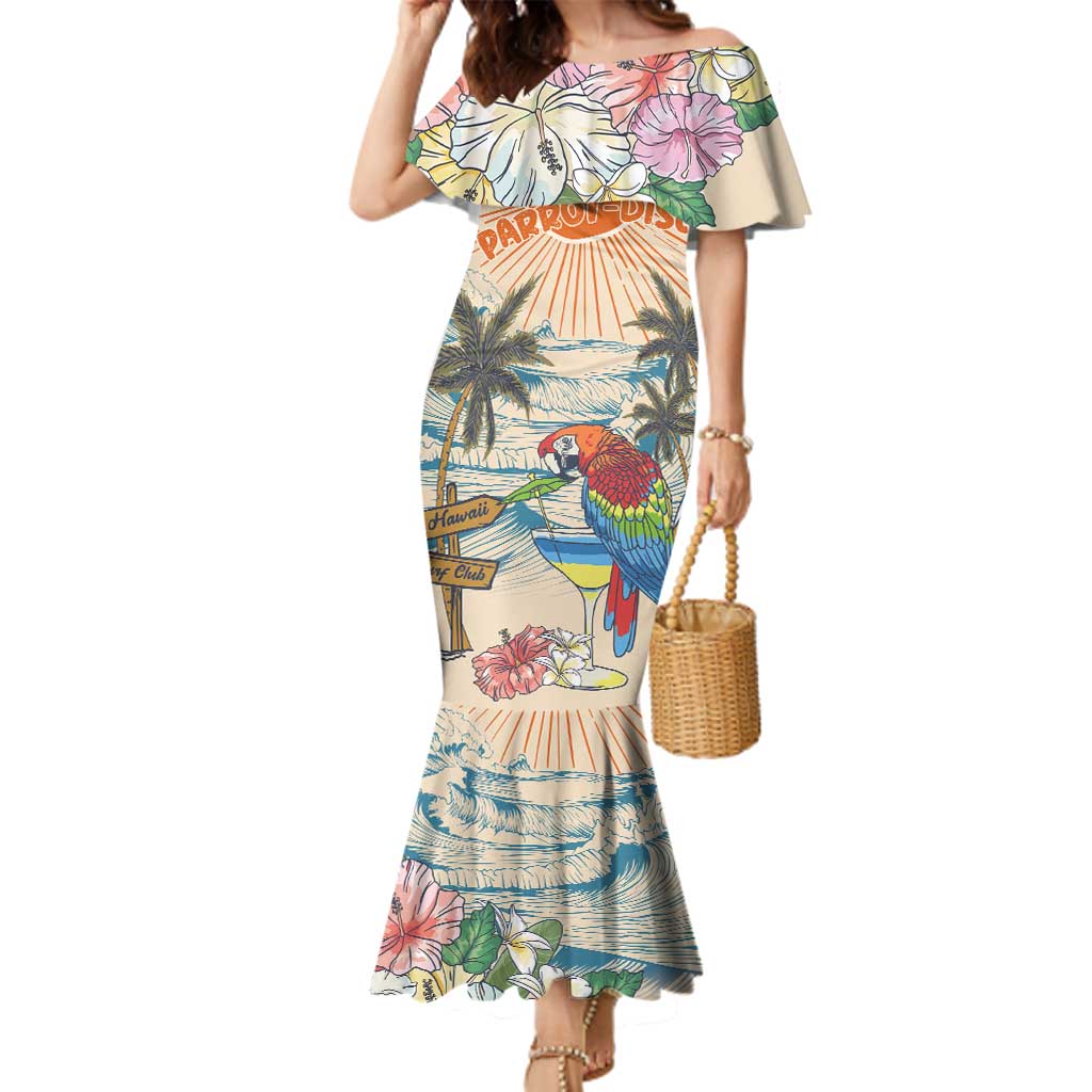Personalized Christmas In July - Hawaii Retro Family Matching Mermaid Dress and Hawaiian Shirt Lost In Parrot-dise LT7 Mom's Dress Beige - Polynesian Pride