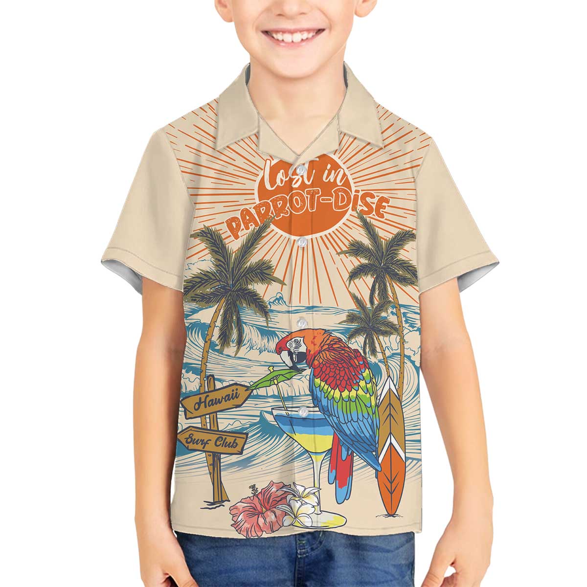 Personalized Christmas In July - Hawaii Retro Family Matching Off The Shoulder Long Sleeve Dress and Hawaiian Shirt Lost In Parrot-dise LT7 Son's Shirt Beige - Polynesian Pride