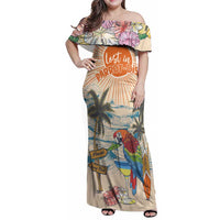 Personalized Christmas In July - Hawaii Retro Family Matching Off Shoulder Maxi Dress and Hawaiian Shirt Lost In Parrot-dise LT7 Mom's Dress Beige - Polynesian Pride