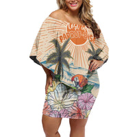 Personalized Christmas In July - Hawaii Retro Family Matching Off Shoulder Short Dress and Hawaiian Shirt Lost In Parrot-dise LT7 Mom's Dress Beige - Polynesian Pride