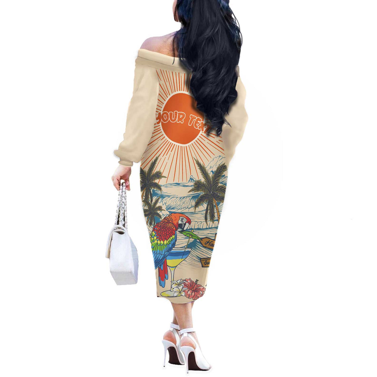 Personalized Christmas In July - Hawaii Retro Off The Shoulder Long Sleeve Dress Lost In Parrot-dise