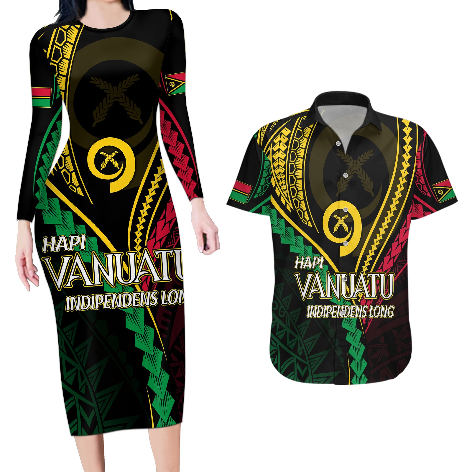 Personalised Vanuatu Couples Matching Long Sleeve Bodycon Dress and Hawaiian Shirt 43rd Hapi Indipendens Long LT7 Black - Polynesian Pride