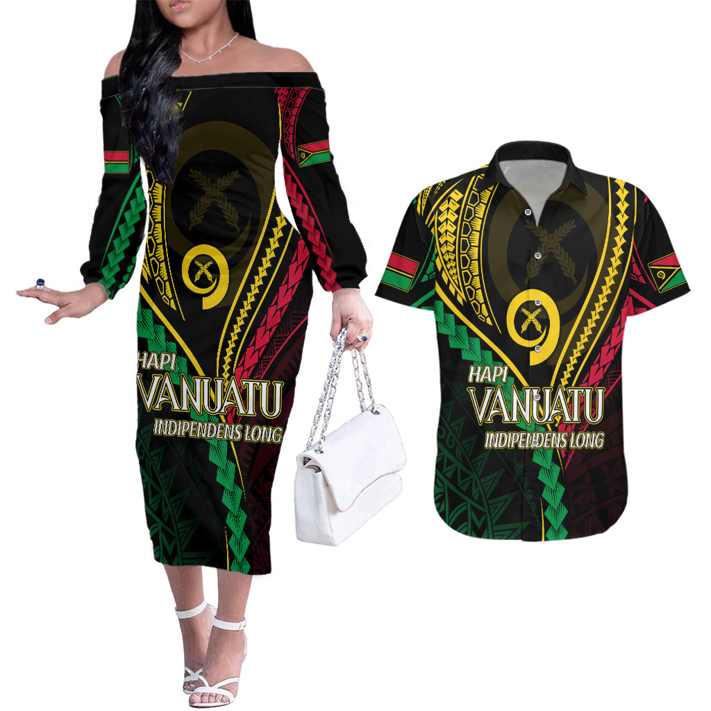 Personalised Vanuatu Couples Matching Off The Shoulder Long Sleeve Dress and Hawaiian Shirt 43rd Hapi Indipendens Long LT7 Black - Polynesian Pride