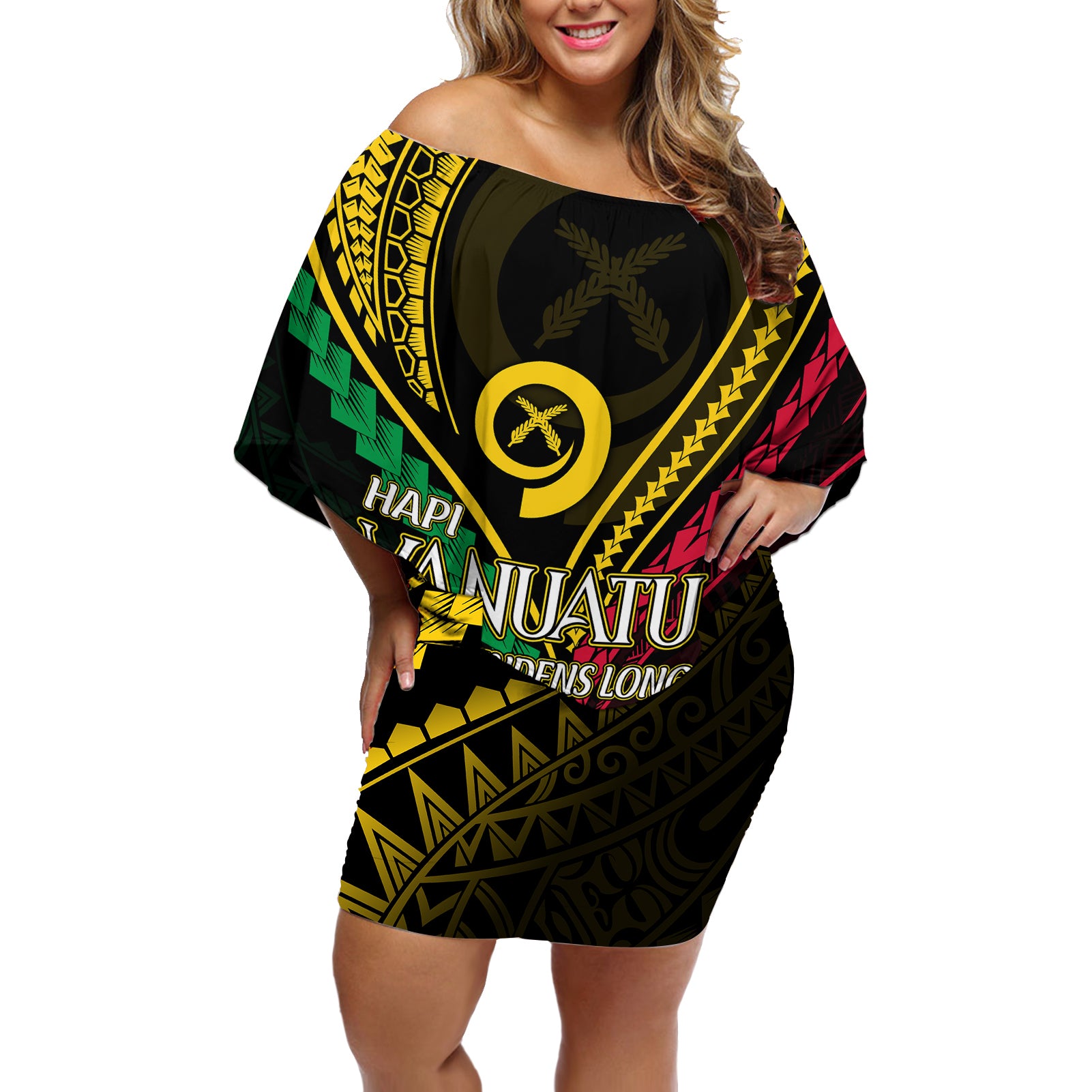 Personalised Vanuatu Off Shoulder Short Dress 43rd Hapi Indipendens Long LT7 Women Black - Polynesian Pride