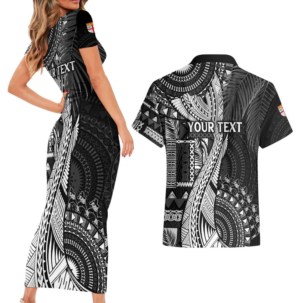 Fiji Rugby Personalised Bula Masi Couples Matching Short Sleeve Bodycon Dress and Hawaiian Shirt Fish Tail Kaivity Cibi - Black