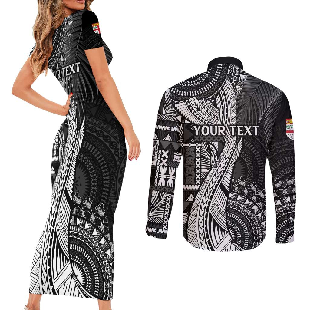 Fiji Rugby Personalised Bula Masi Couples Matching Short Sleeve Bodycon Dress and Long Sleeve Button Shirt Fish Tail Kaivity Cibi - Black