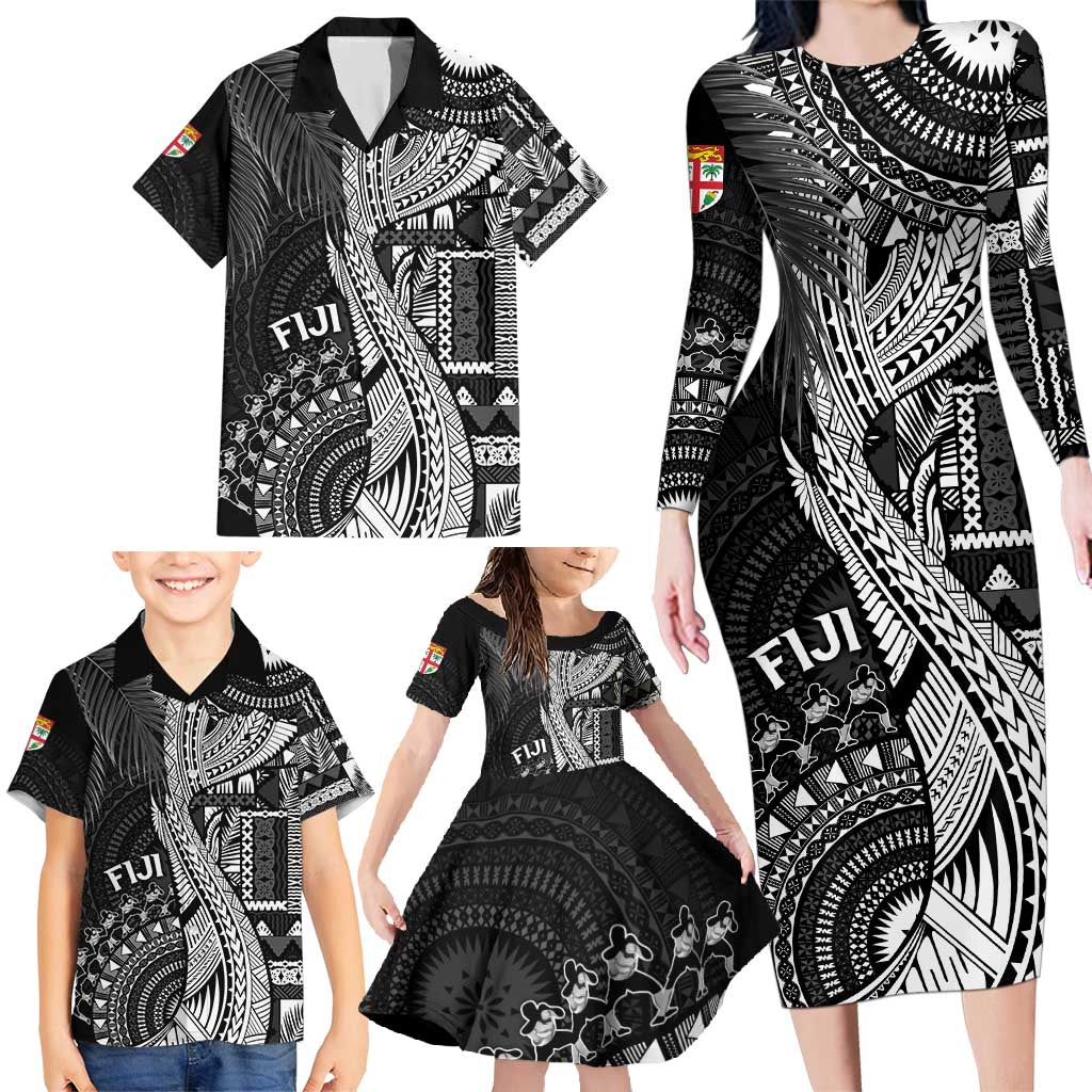 Fiji Rugby Personalised Bula Masi Family Matching Long Sleeve Bodycon Dress and Hawaiian Shirt Fish Tail Kaivity Cibi - Black LT7 - Polynesian Pride