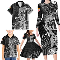 Fiji Rugby Personalised Bula Masi Family Matching Long Sleeve Bodycon Dress and Hawaiian Shirt Fish Tail Kaivity Cibi - Black LT7 - Polynesian Pride